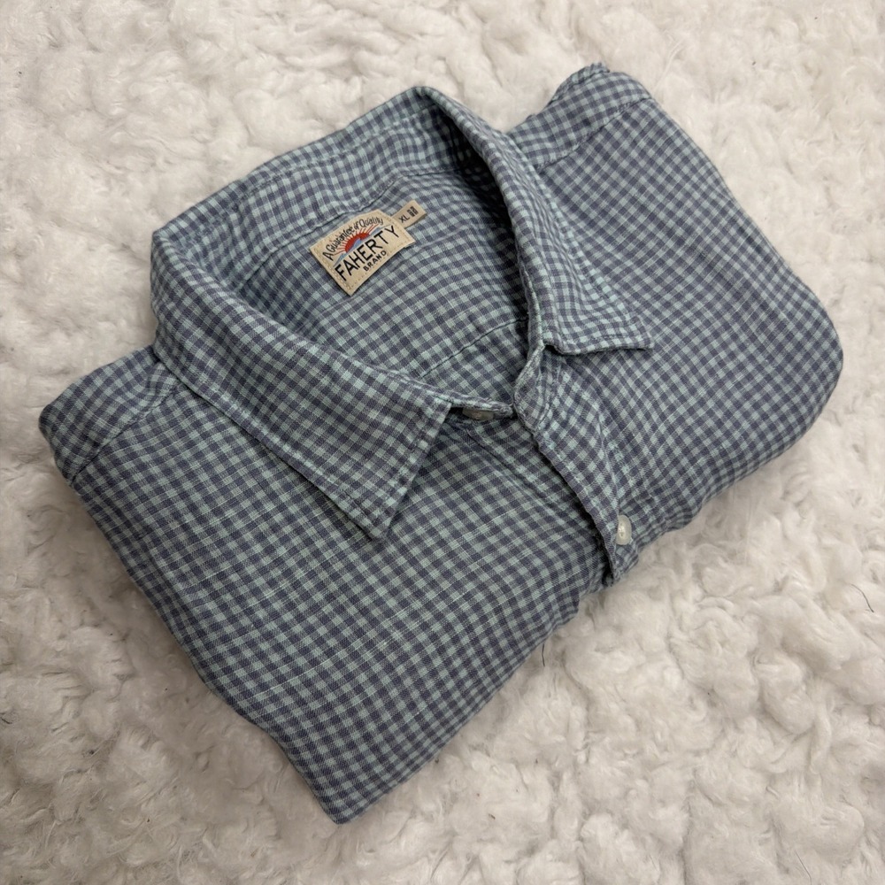 FAHERTY Laguna 100% Linen Shirt Mens XL Blue Gingham Check Plaid Long Sleeve New